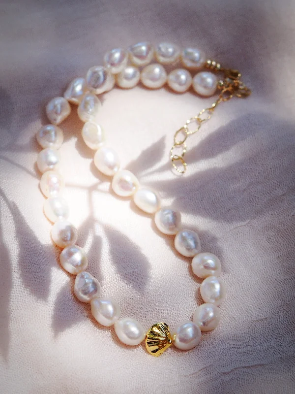 Ladies art deco necklaces -Sale - Chunky White Pearl Necklace with Gold Seashell - Nanea