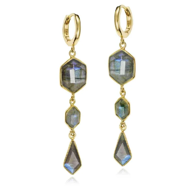 Ladies retro floral earrings -18K Yellow Gold Vermeil Geometric Labradorite Dangle Earrings