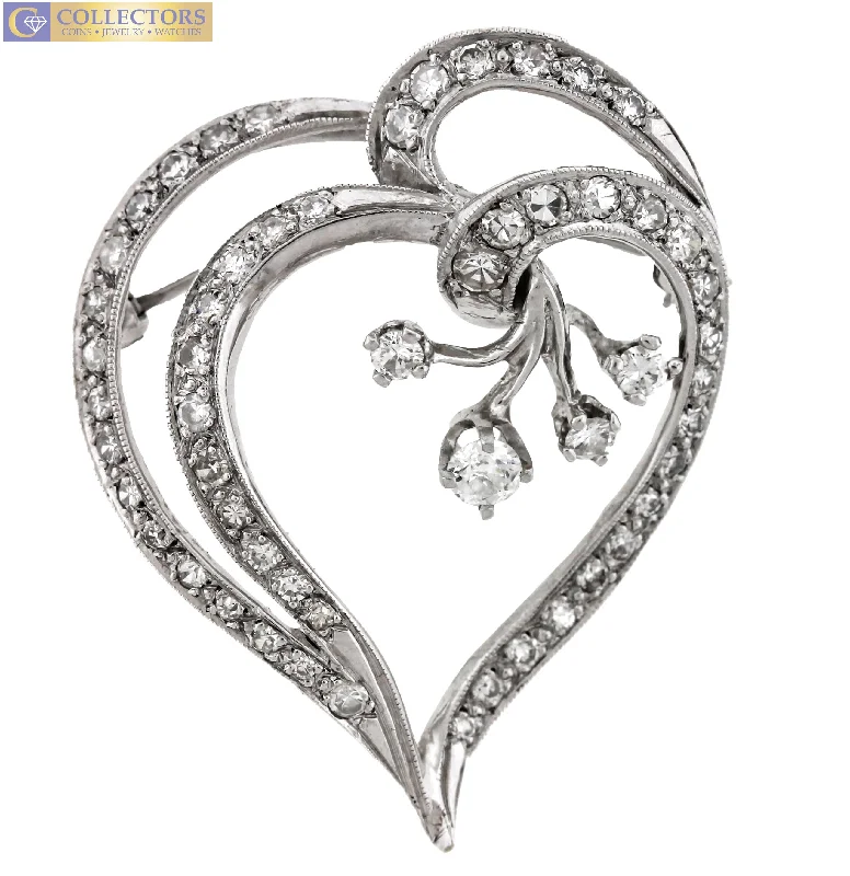 Affordable necklaces for women -Lovely Ladies Vintage Estate 18K White Gold 1.17ctw Diamond Heart Pin Pendant