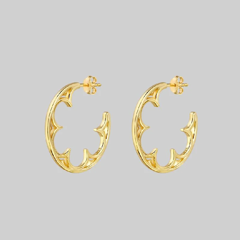 Modern diamond tassel earrings for women -ATONE. Gothic Window Hoop Earrings - Gold