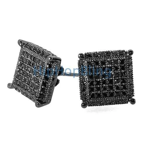 Ladies unique geometric stud earrings -XL 3D Cube CZ Black .925 Silver Micropave Earrings