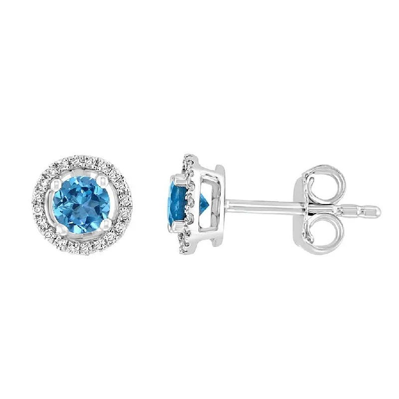 Trendy gemstone hoop earrings for ladies -December Birthstone Earrings: 14K White Gold Diamond And Swiss Blue Topaz Earrings