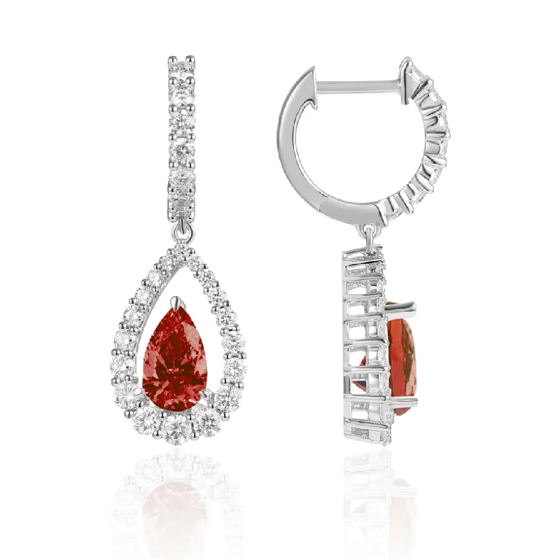 Vintage crystal drop earrings for ladies -18K White Gold Pear Shaped Ruby Drop Earrings