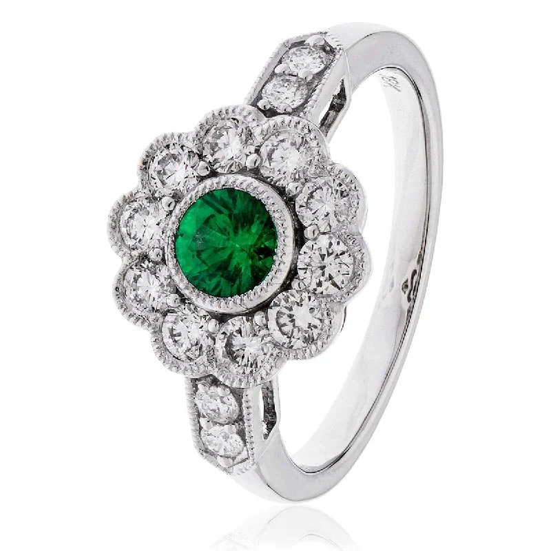 Ladies floral diamond engagement rings -Round Emerald Diamond Cluster Ring