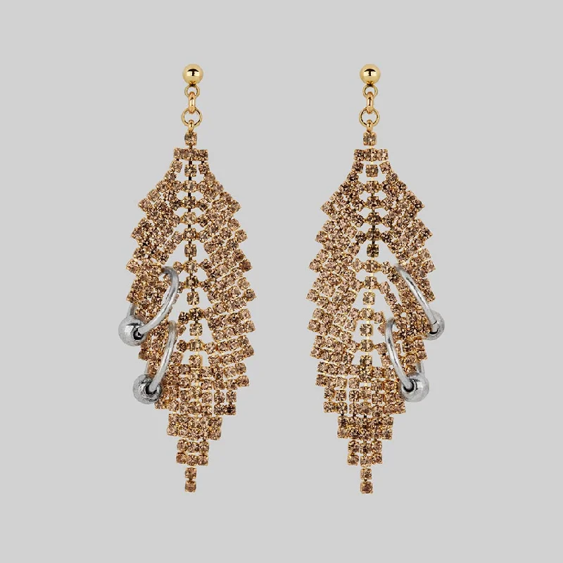 Minimalist chain drop earrings for women -DOWNFALL. Pierced Dazzle Chain Chandelier Earrings - Gold