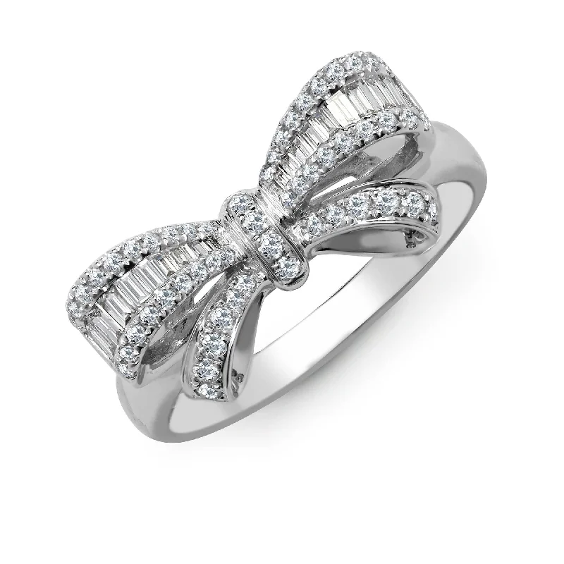 Ladies unique geometric engagement rings -18ct White Gold 0.46ct Diamond R.B.C & Baguette Bow Ring