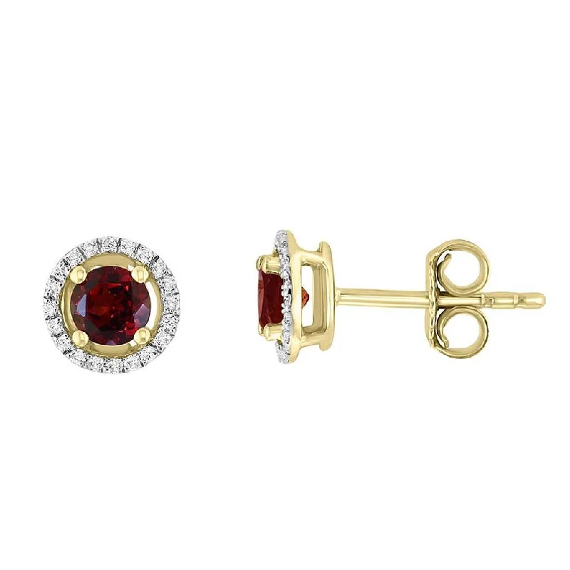 Ladies delicate emerald earrings -January Birthstone Earrings: 14K Yellow Gold Diamond Halo Garnet Earrings