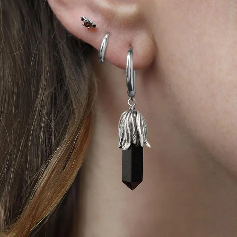 Simple diamond drop earrings for women -DEATH BLOOM. Black Agate Gemstone Earrings - Silver