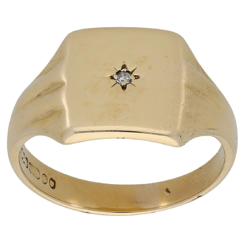 Minimalist gold engagement rings for women -9ct Gold 0.01ct Diamond Patterned Signet Ring Size T