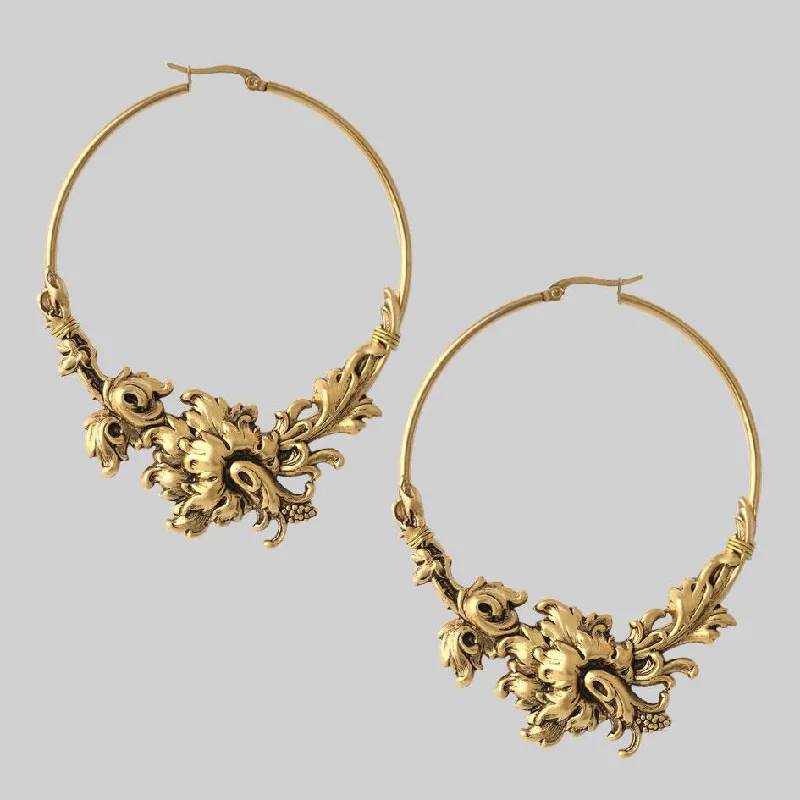 Trendy gold hoop earrings for women -PARADISE. Ornate Floral Hoop Earrings - Gold