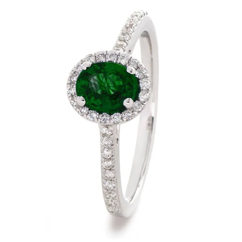 Vintage gold oval engagement rings -Oval Emerald with Diamond Halo Ring