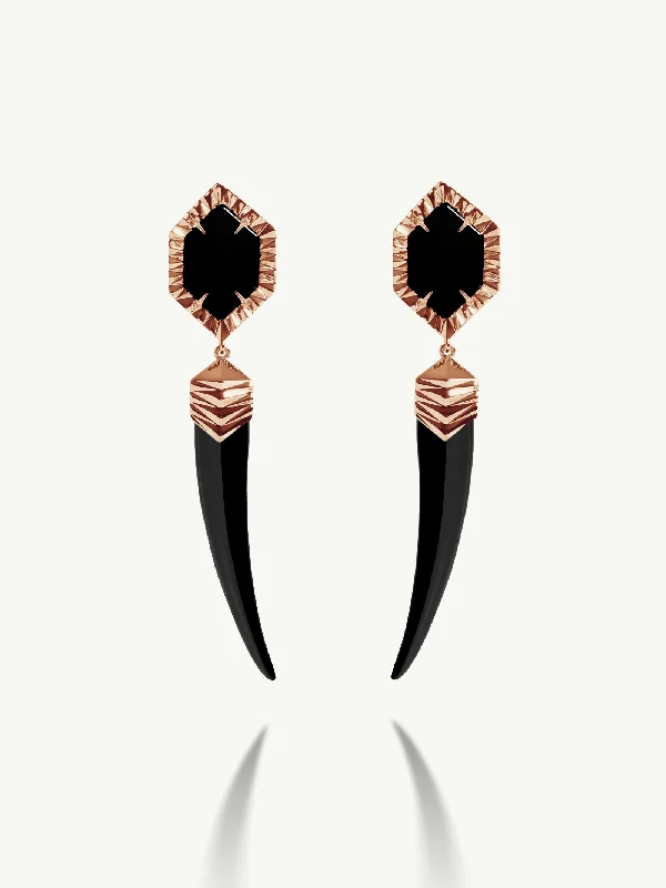 Ladies bold silver drop earrings -Alexandria Horn Talisman Drop Earrings With Black Onyx Agate In 18K Rose Gold