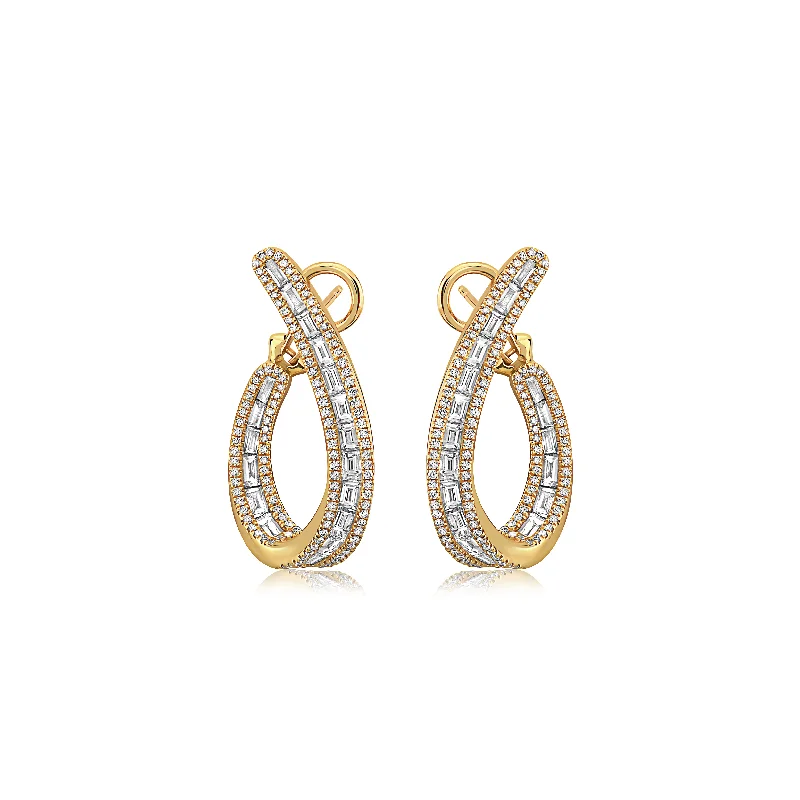 Delicate silver dangle earrings for women -Gold Baguette Diamond J-Hoop Earring