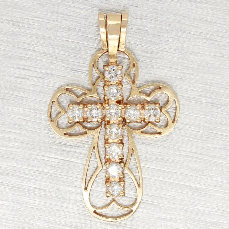 Ladies elegant pearl necklaces -Vintage 0.55ctw Diamond Cross Pendant - 14k Yellow Gold Charm in Bezel