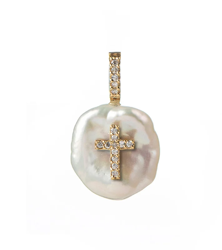 Ladies crystal pendant necklaces -Diamond Cross Petal 18K Gold Charm Necklace w. Pearl