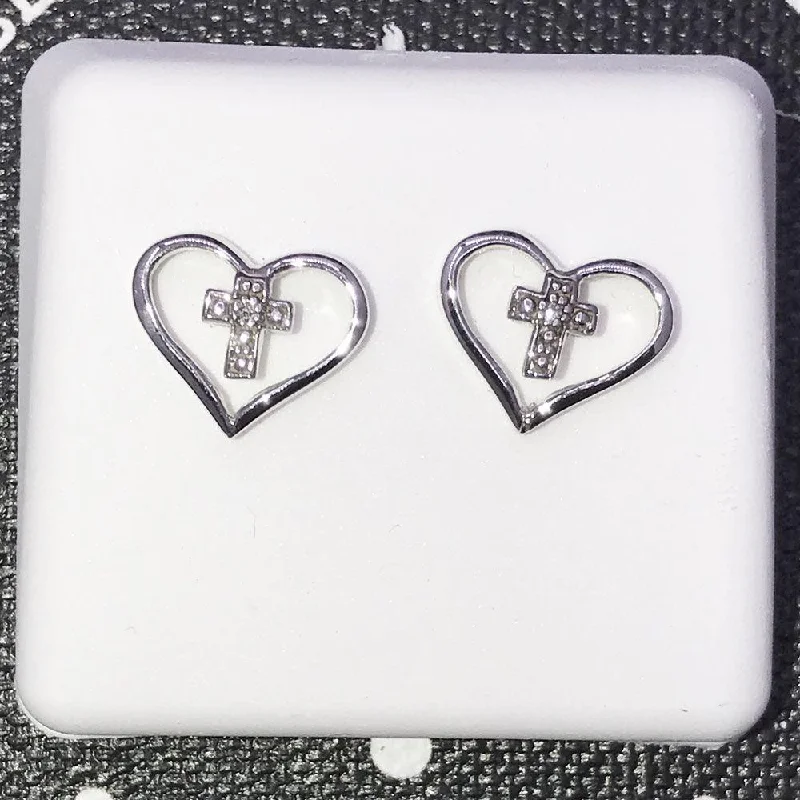 Ladies elegant onyx earrings -Cross Heart Diamond Earrings .02cttw 10K White Gold