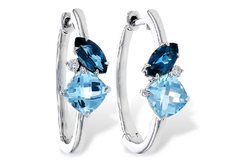 Ladies trendy silver hoop earrings -14K White Gold Blue Topaz Medium Hoop Earrings