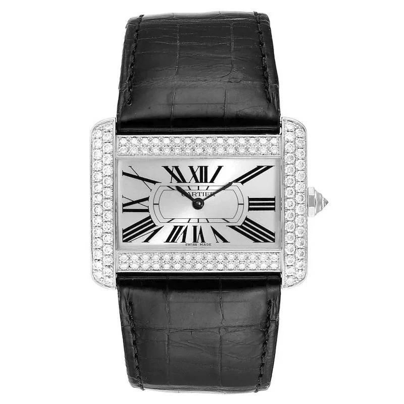 Vintage crystal engagement rings for women -Ladies Cartier Divan Stainless Steel Watch with Leather Band and Diamond Bezel. (Pre-Owned WA301770)