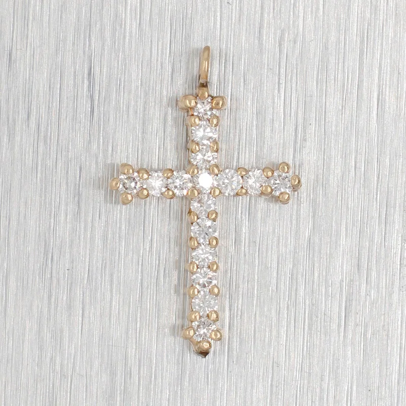 Boho style necklaces for women -Vintage 0.10ctw Diamond Small Cross Pendant - 14k Yellow Gold Cross Charm