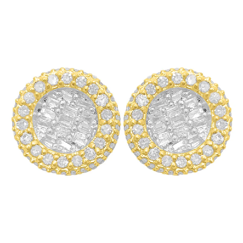 Trendy silver dangle earrings for ladies -3D Circle Baguette Diamond Earrings 1.10cttw 10K Yellow Gold