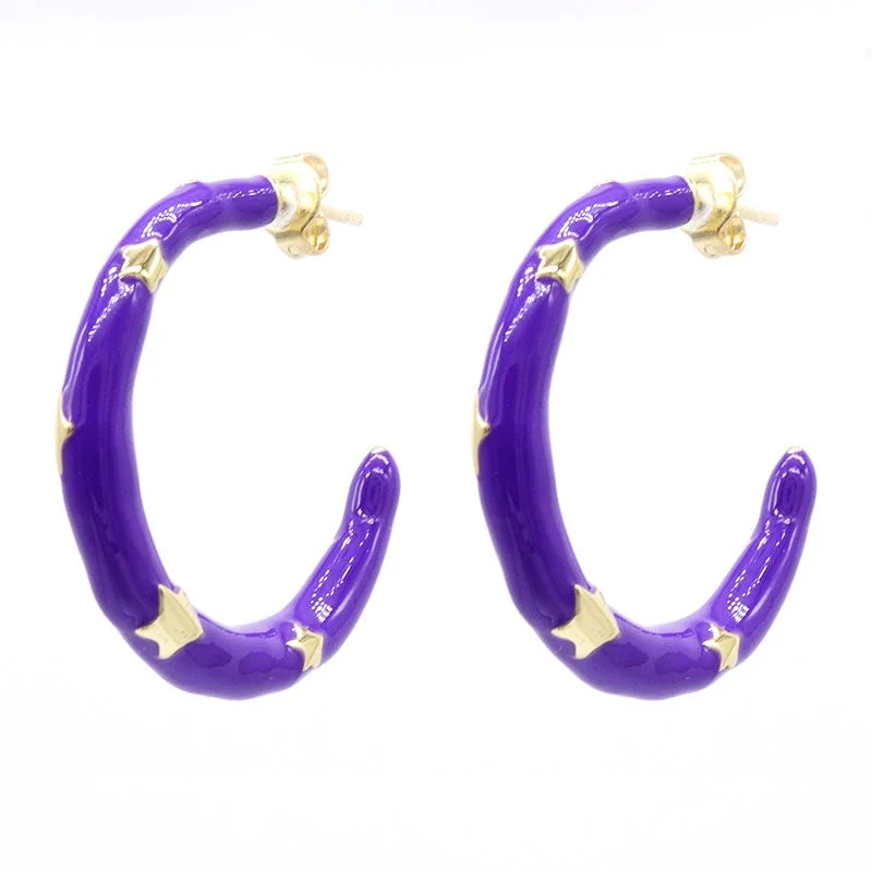 Simple diamond drop earrings for women -Star Enamel Hoop