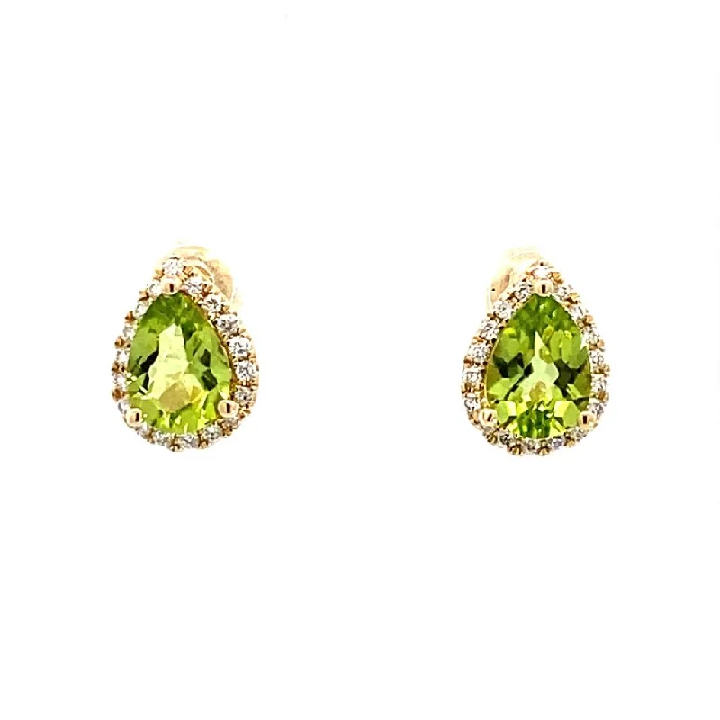 Ladies floral chandelier earrings -14K Yellow Gold Peridot And Diamond Halo Earrings