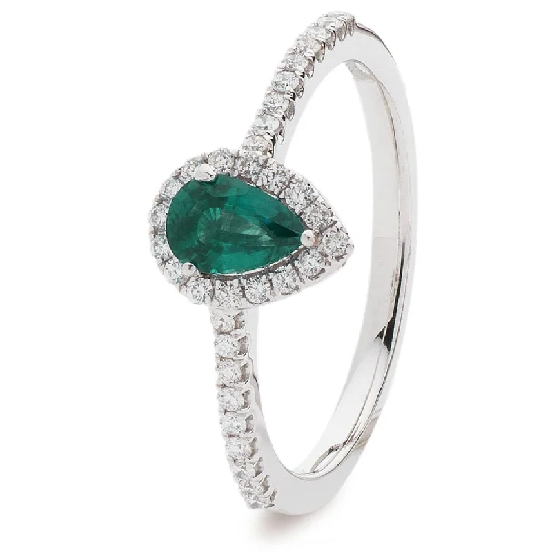 Ladies elegant emerald solitaire engagement rings -Pear Cut Emerald with Diamond Halo Ring