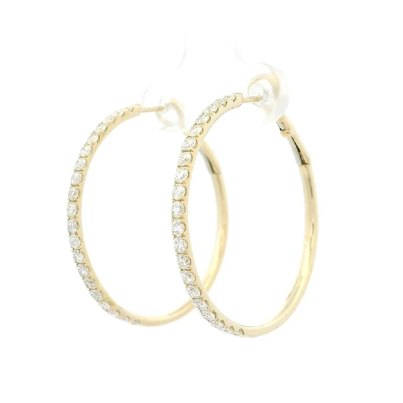 Ladies boho feather earrings -14K Yellow Gold 30mm Round Natural Diamonds Hoop Earrings