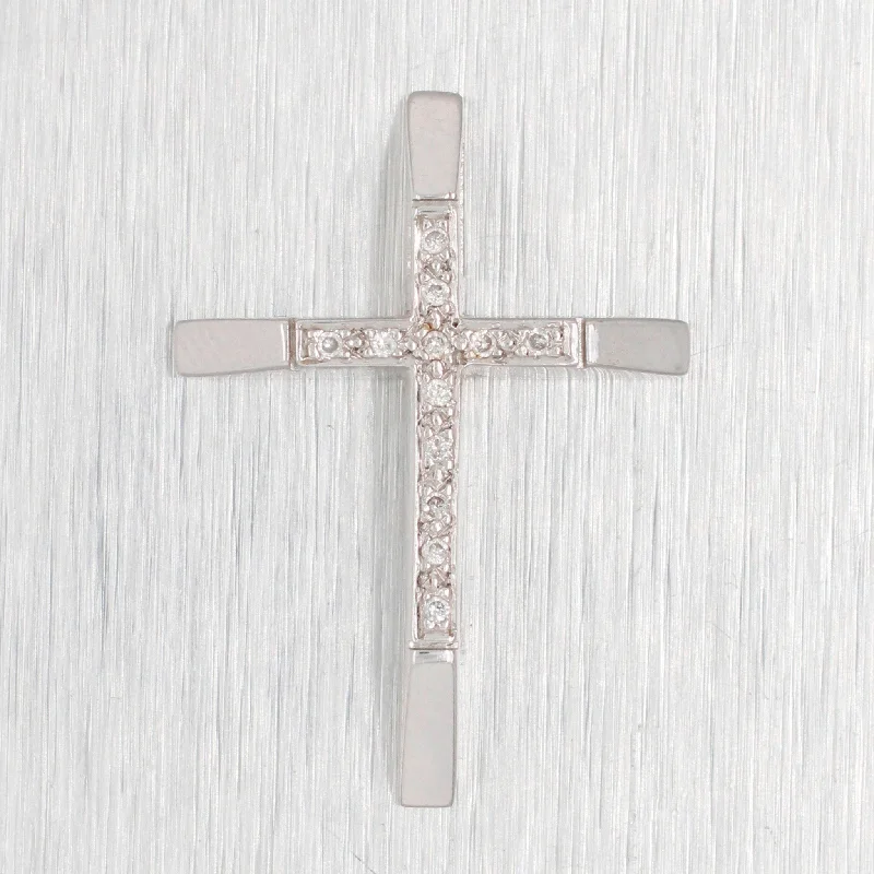 Ladies bold gold necklaces -Vintage 0.03ctw Diamond Beveled Cross Pendant - 18k White Gold Charm