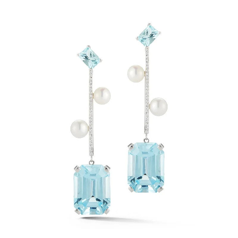 Simple gold drop earrings for women -14kt Aquamarine, Blue Topaz  and Pearl Statement Earring