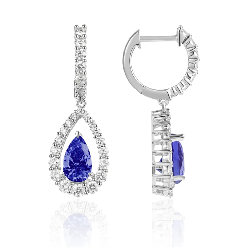 Ladies minimalist gold hoop earrings -18K White Gold Pear Shaped Sapphire Drop Earrings