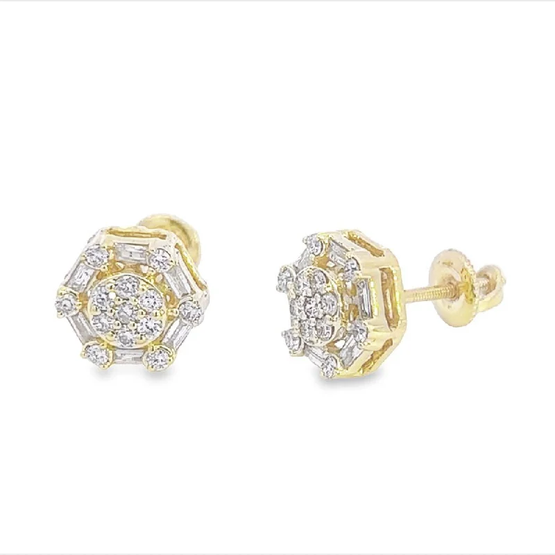 Ladies retro floral earrings -Baguette Hexagon Diamond Earrings .43cttw 10K Gold