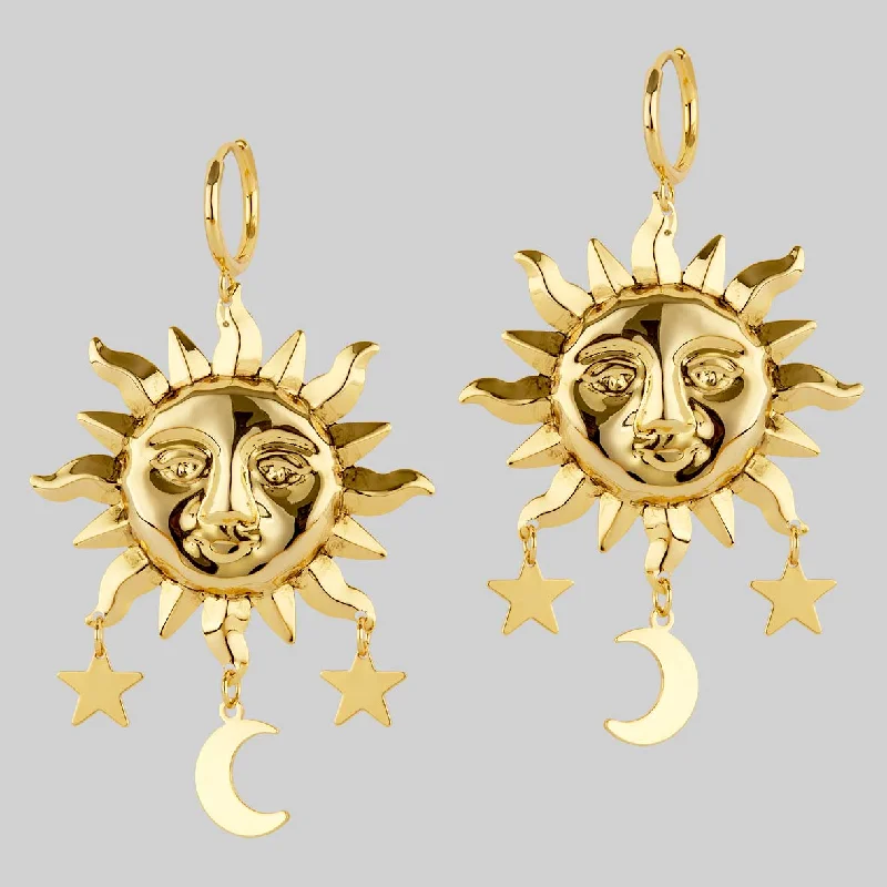 Trendy gemstone hoop earrings for ladies -HELIOS. Sun & Moon Dream Catcher Hoop Earrings - Gold