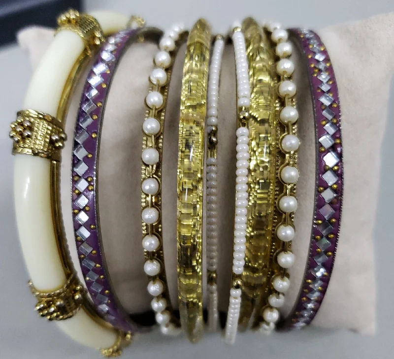 Vintage-inspired crystal bracelets for women -9 Piece Bangle Set - Purple / Ivory / Pearl / etc.