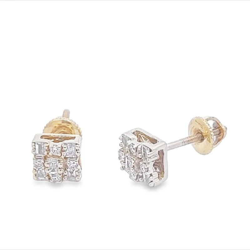 Elegant gold stud earrings for ladies -Small Rectangle Cluster Baguette Diamond Earrings .19cttw 10K Gold