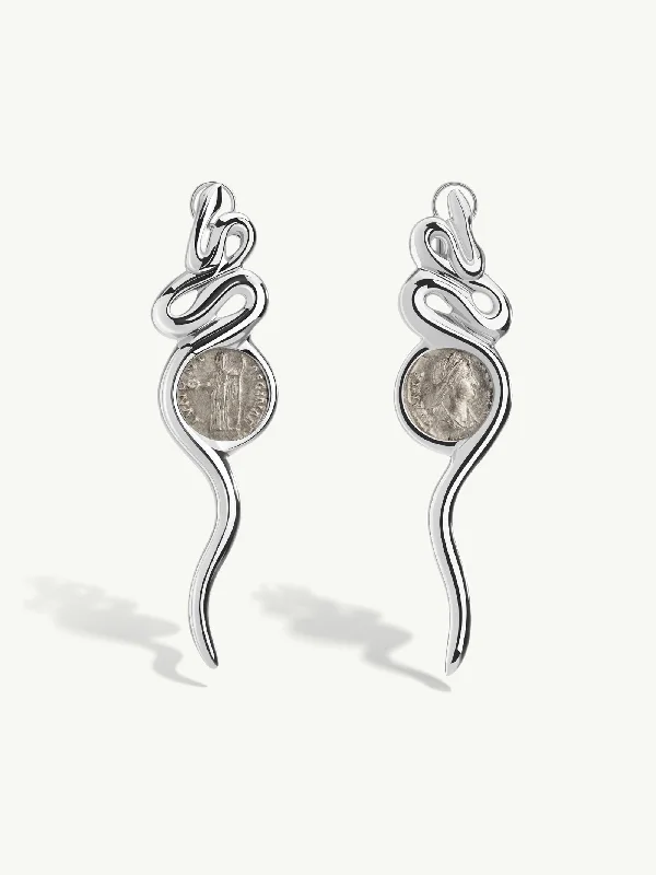 Vintage crystal stud earrings for women -Ancient Roman Coin Serpentine Earrings In 18K White Gold