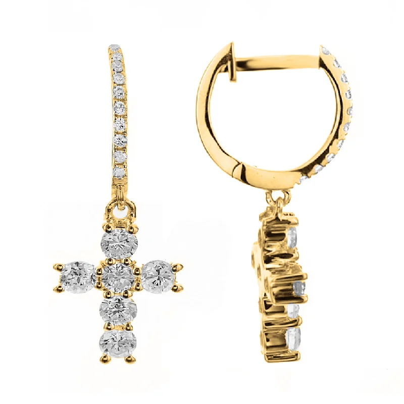 Ladies lightweight hoop earrings -18K Yellow Gold Cross Dangle Natural Diamonds Earrings