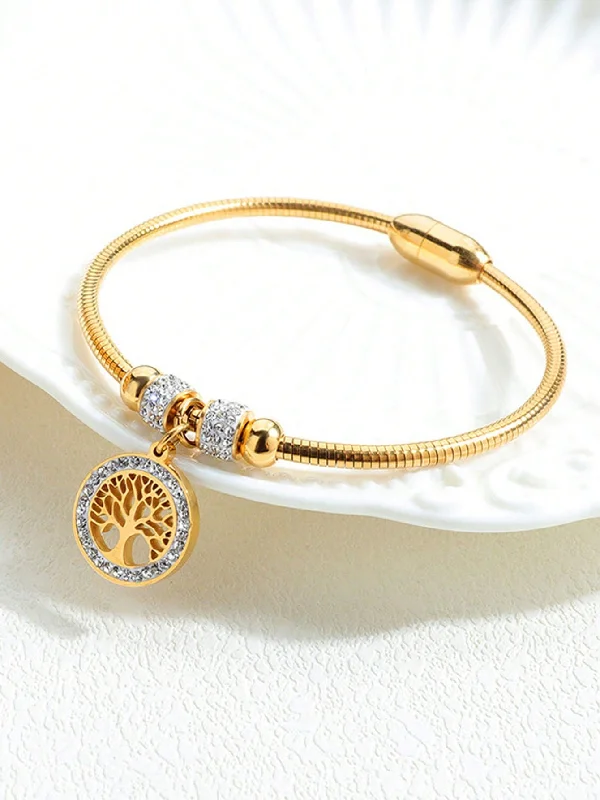 Classic gold tennis bracelets for women -1pc Fashion Stainless Steel Rhinestone & Tree Decor Round Charm Bangle