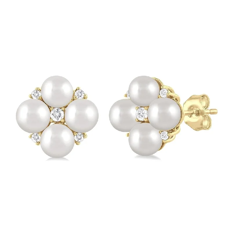 Classic silver chandelier earrings for ladies -10K Yellow Gold Pearl And Diamond Flower Earrings