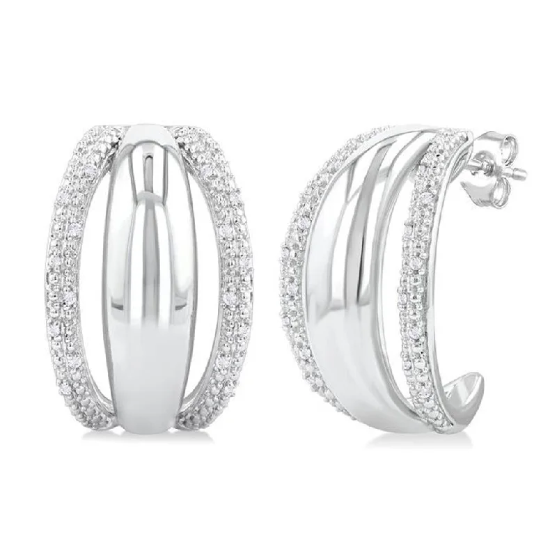 Bold statement chandelier earrings for women -Sterling Silver Half Hoop Diamond Earring