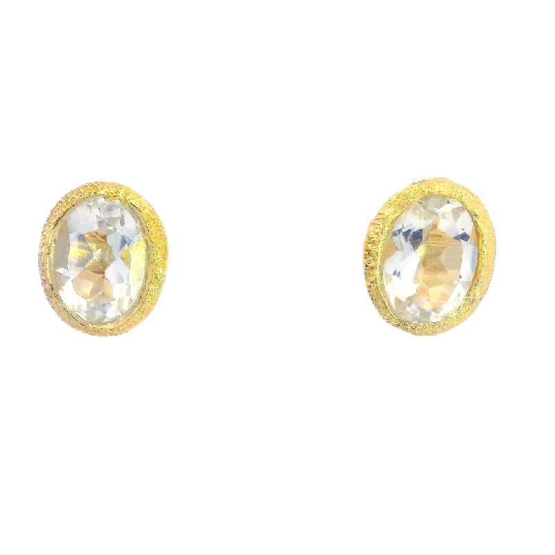 Ladies intricate filigree earrings -18K Yellow Gold Vermeil Oval White Topaz Stud Earrings