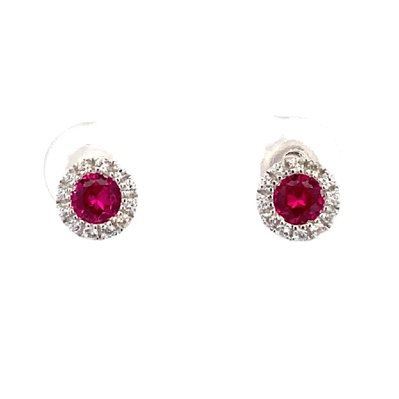 Ladies sparkling topaz earrings -July Birthstone Earrings: Sterling Silver Synthetic Ruby Halo Earrings