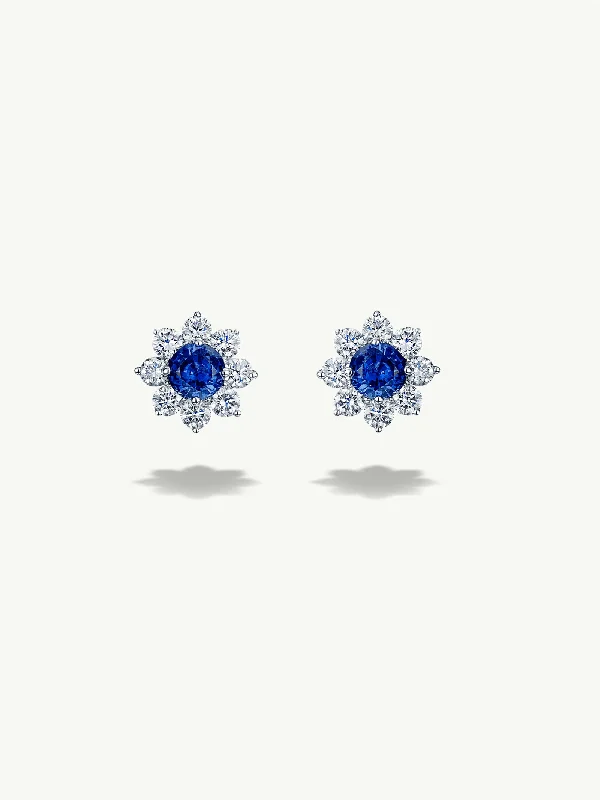 Ladies sparkling diamond earrings -Celestial Blue Sapphire and Diamond Halo Stud Earrings in 18K White Gold