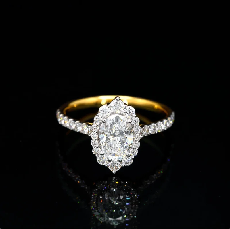 Modern platinum halo engagement rings -Oval-Cut Lab Diamond Flower Ring