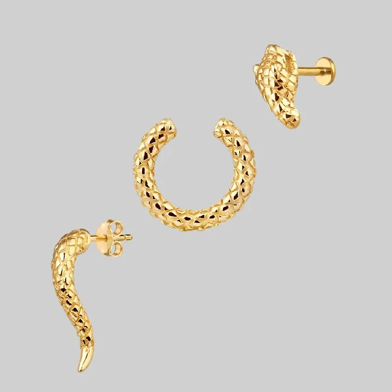 Vintage-inspired crystal earrings for women -VEGA. 3 Piece Snake Wrap Earring - Gold