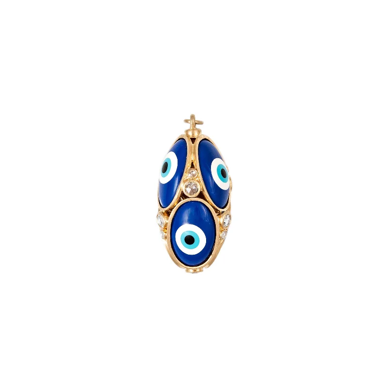 Trendy boho necklaces for ladies -BLUE CERAMIC EYE + ROSE CUT DIAMOND EGG CHARM