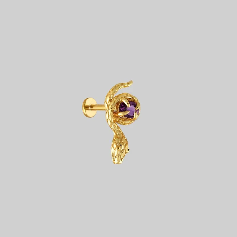 Ladies delicate floral stud earrings -INSIDIOUS. Amethyst Coiled Snake Stud Earring - Gold