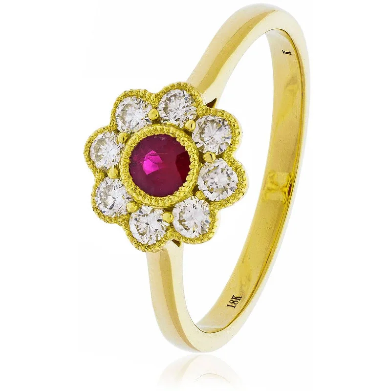 Trendy gemstone solitaire engagement rings -Ruby and Diamond Deco Cluster Ring