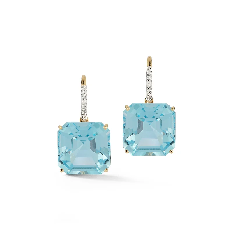 Ladies bold statement hoop earrings -14kt Asscher Cut Blue Topaz Drop Earrings