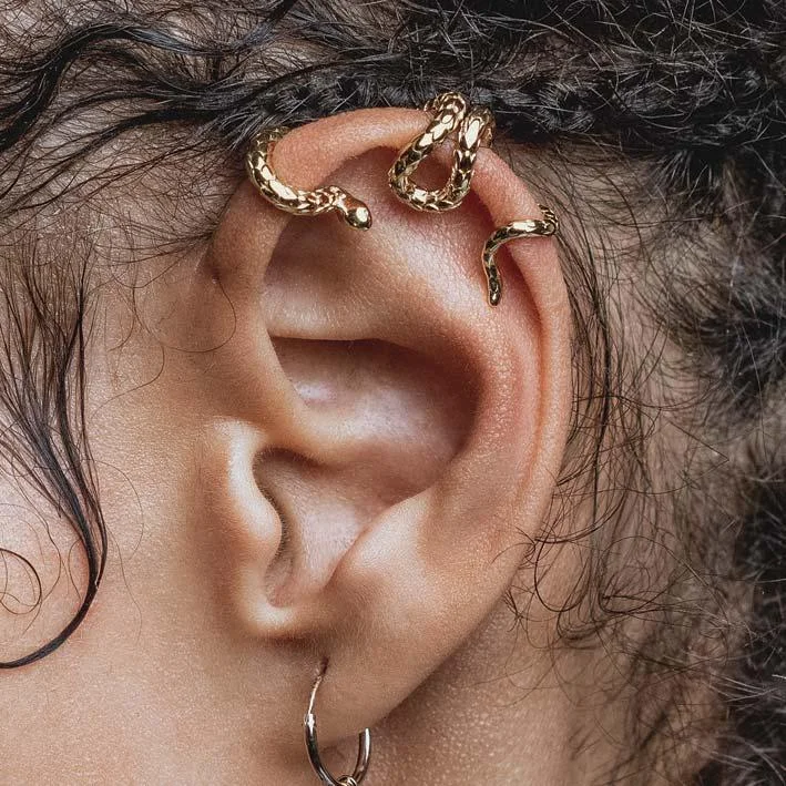 Ladies bold statement hoop earrings -MINERVA. Snake Ear Wrap Cuff - Gold